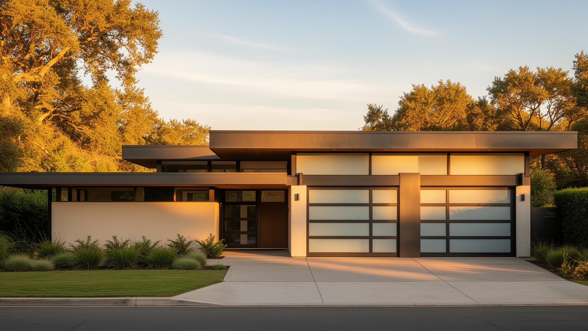Modern steel garage door with frosted glass panels on mid-century home